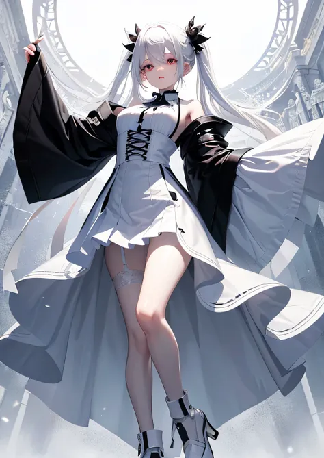 alone、1 girl、white hair、full body portrait、White gothic clothing、sleeveless、lift your legs、White skin