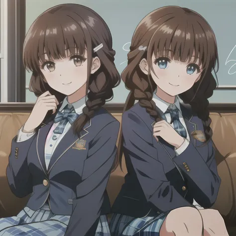 highest quality, (masterpiece:1.2), very detailed,A beautiful girl with a bright and cheerful atmosphere, Only one beautiful girl sitting、Looking at the viewer and smiling, glossy lips, nice smile, Impressive big brown eyes, (((dark brown hair))), 15 years...