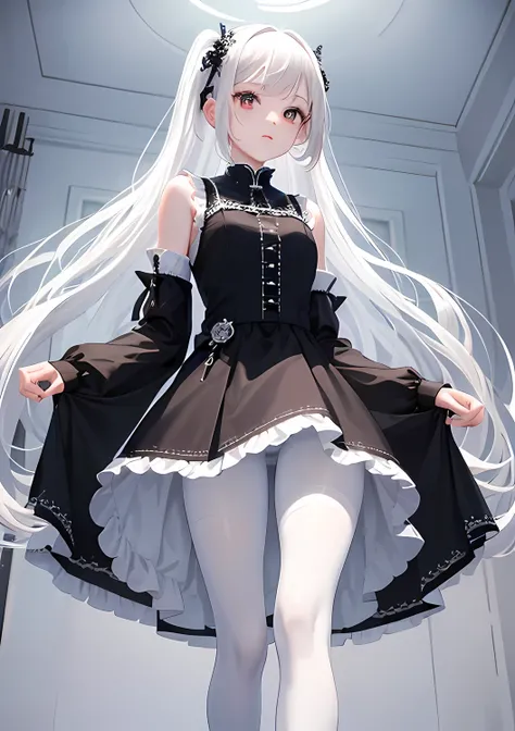 alone、1 girl、white hair、full body portrait、White gothic clothing、sleeveless、lift your legs、white pantyhose