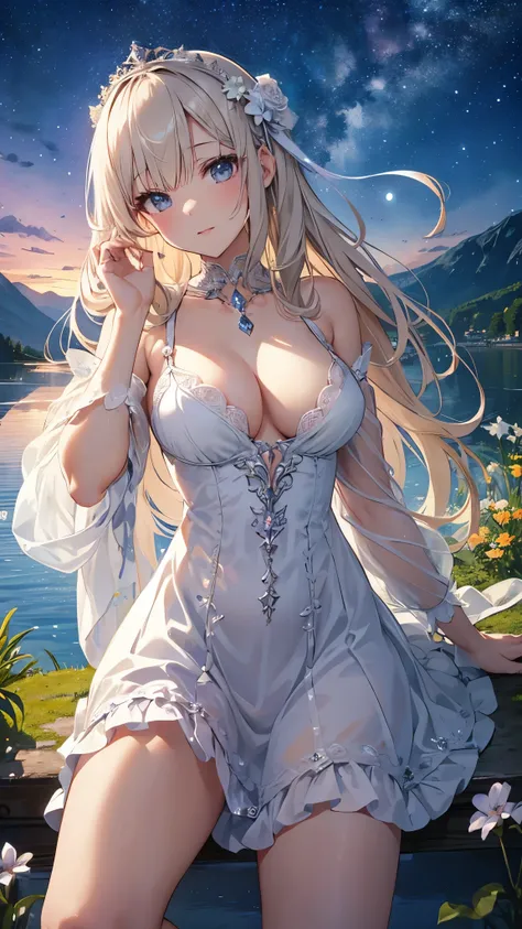 （masterpiece）、(highest quality)、((Super detailed))、(super delicate)、Princess in a naughty dress、platinum blonde、beautiful breasts、thighs、nice、Lake with mountain view、fantastic starry sky