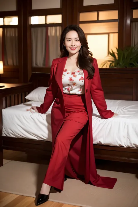 Draw lips correctly, red lipstick, from chest up, best quality, Super detailed, lifelike, Super fine skin, perfect anatomy, (中国Mature的女人), (alone)，wear a shirt，long sleeves，Pants，wavy long hair，37-year-old female，Mature，charming smile，indoor background，sta...