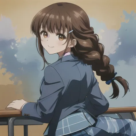 highest quality, (masterpiece:1.2), very detailed,A beautiful girl with a bright and cheerful atmosphere, Only one beautiful girl sitting、Looking at the viewer and smiling, glossy lips, nice smile, Impressive big brown eyes, (((dark brown hair))), 15 years...