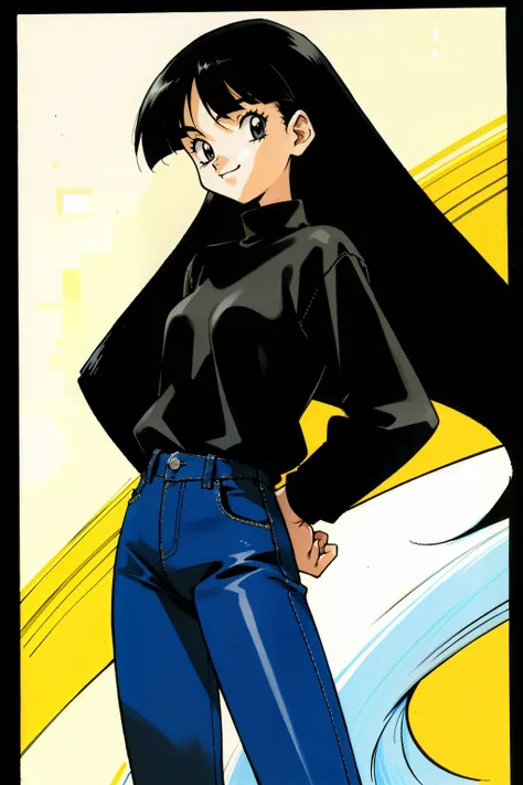 by Ken Sugimori, sugimori 1990s, ((only 1woman)), smiling long black hair, black shirt, jeans ((hands behind their back)), full black pupils, manga, best quality, highly detailed, clean lines, cowboy shot, good hands, good eyes, hd, 8k, professional, symme...