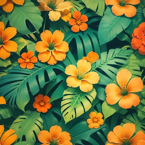 Hawaii flower, tropical leaf pattern, ultra hd, cyan and orange color, wallpaper