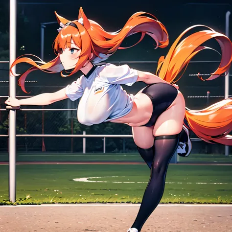 (1 Silence Suzuka running at field,) uma-musume, (solo:1.3), orange long hair, (bouncing unaligned huge breasts:1.2), white gym uniform, (tight short black brm:1.7), (cameltoe), (skinny), (bared skinny long legs:1.3), skinny hip, (masterpiece), perfect ana...