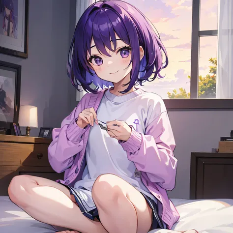 (T Masterpiece，4k wallpaper，best quality))、((girl１people))、(solo)、Shining and vivid，(purple hair)、(shortcut:1.3)、smile、Bedroom、sweater、morning