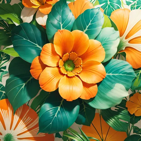 Hawaii flower, tropical taro leaf pattern, ultra hd, cyan and orange color, wallpaper