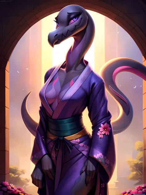 uploaded on e621, ((Salazzle)) by Pixelsketcher, by Bayard Wu, by Thomas Benjamin Kennington , by Einshelm, solo anthro, (( portrait)), BREAK, ((kimono:1.2)), , ((wearing long flowing kimon, kimono with flower pattern)), (detailed Bonifasko lighting), (det...