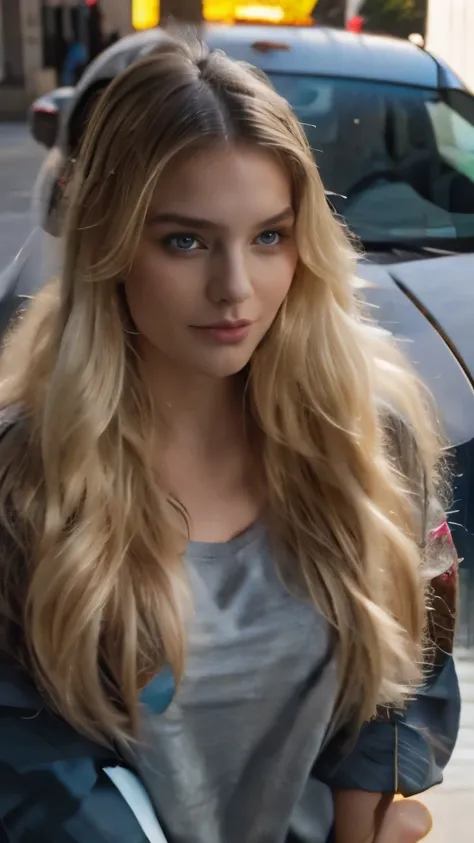 blonde with long hair next to a Lamborghini