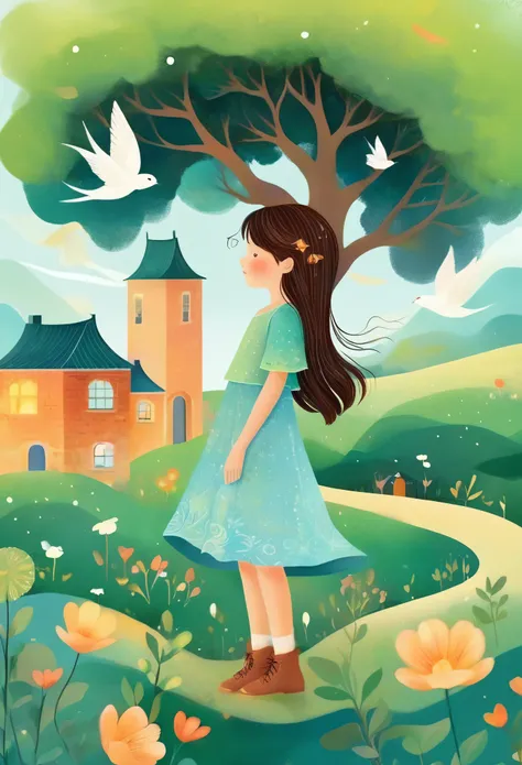 digital illustration art, (little girl's hair is whimsically illustrated with houses, trees, roots, swallows adorned), (side hea...