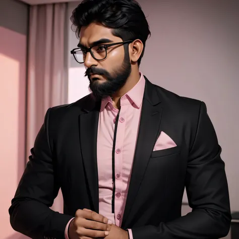 Indian man, round face, sharp cutting mastishk beard glasses ((wearing black blazer and baby pink shirt colour)),(office room), face glow, photo style profile, high quality details resolution ultra hd,locking my camera,