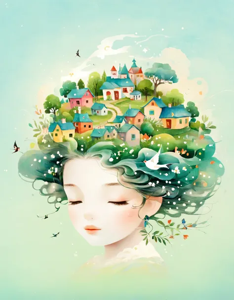 Digital Illustration Art, A comical illustration of a little girls head adorned with many houses, trees, roots, swallows, etc., (front), her hair consists of many houses and trees, with green trees and hills in the background, (the background blends in wit...