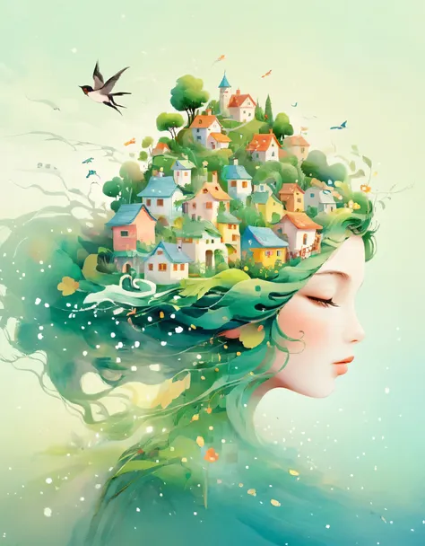 digital illustration art, a comical illustration of a little girl's head adorned with many houses, trees, roots, swallows, etc.,...