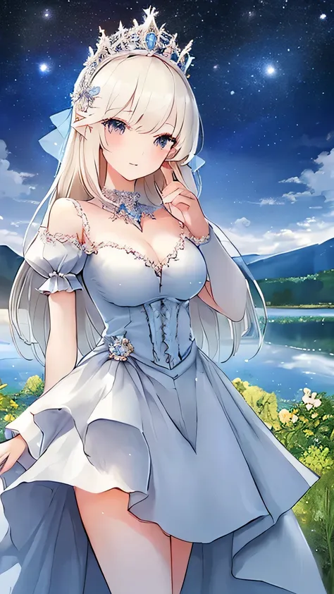 （masterpiece）、(highest quality)、((Super detailed))、(super delicate)、Princess in dress、platinum blonde、beautiful breasts、thighs、nice、Lake with mountain view、fantastic starry sky