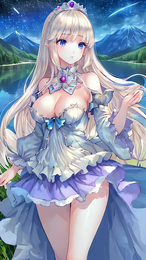 （masterpiece）、(highest quality)、((Super detailed))、(super delicate)、Princess in dress、platinum blonde、beautiful breasts、thighs、nice、Lake with mountain view、fantastic starry sky