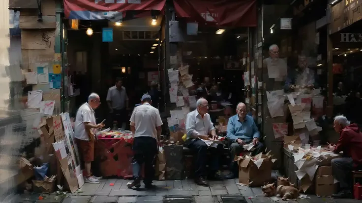 到处都是passers-by, people shopping, urban street fashion, clothing store, streetwear, looks smart, shop, bike，motorcycle, on city streets, passers-by，pedestrian，People who ride bicycles，oil painting style，person walking from left to right