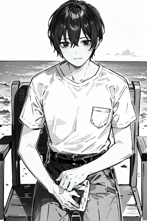 horizon,on the shore,sea, 1 man sitting on a chair, looking at viewer, blood stained t-shirt, in center,