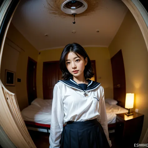 (Sailor suits and skirts:1.4)(geisha-like girl,) (wearing fishnet tights,) (with medium length haircut,) (in a dimly lit room) (There is only a single bed,) (do something revealing about yourself,) (At night,) (Photographed through a fisheye lens:1.75) (hi...