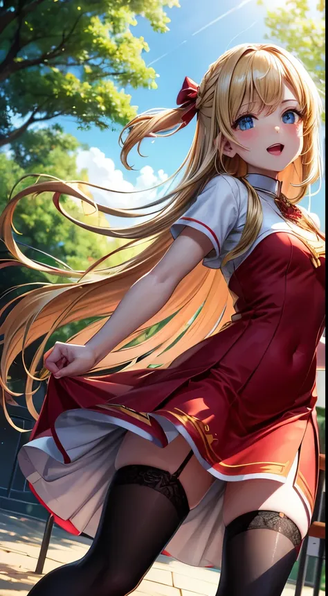 Full HD, Super detailed, high quality, master likes it, Bokeh, woman, 30 years, stockings, red midi dress, compensate, noon, sunlight, joy,Guts pose, Lens flare,long hair,blonde