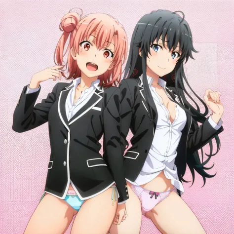 2 girls , Yukinoshita Yukino , yuigahama yui  is nice baste, waltz dance , black blazer,shirt,skirtless,White silk panties,pink panties,thighs,high angle,body facing forward