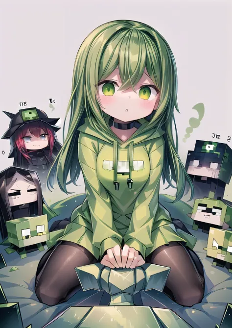 One wearing a green hoodie、Cartoon image of girl holding green ax, Creeper, Creepers, minecraft Creeper, Creep, minecraft Creeper in real life, ❤🔥🍄🌪, Japanese cartoons!!!!!!!!!!!!!!!, my world风格, !!!!!!!!!!!!!!!!!!!!!!!!!, Creeper world, ((Zerat)), Officia...