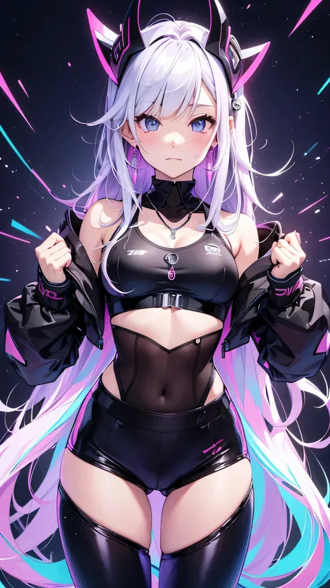 最high quality、best image quality、masterpiece、girl((20-year-old、 By becoming、vest bust、medium bust,wide open breast tea、shining eyes, silver hair、long hair、thin,highest valley、black sports bra、black sports pants、shoulder tattoo,diamond earrings、Wristband、bl...