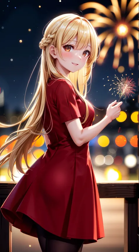 Full HD, Super detailed, high quality, master likes it, Bokeh, woman, 30 years, stockings, red midi dress, compensate, night, fireworks light, Banzai, Lens flare,long hair,blonde