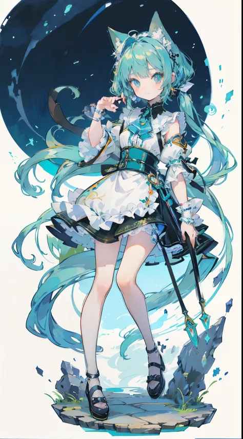 ((table top, highest quality: 1.1), ((Anime girl in a blue dress with a magic wand)), art nouveau、Anime cat girl wearing a maid costume, , ((Green hairs))、long haired person、((Eyes that shine like jewels, long eyelashes, and a sense of transparency))、Very ...