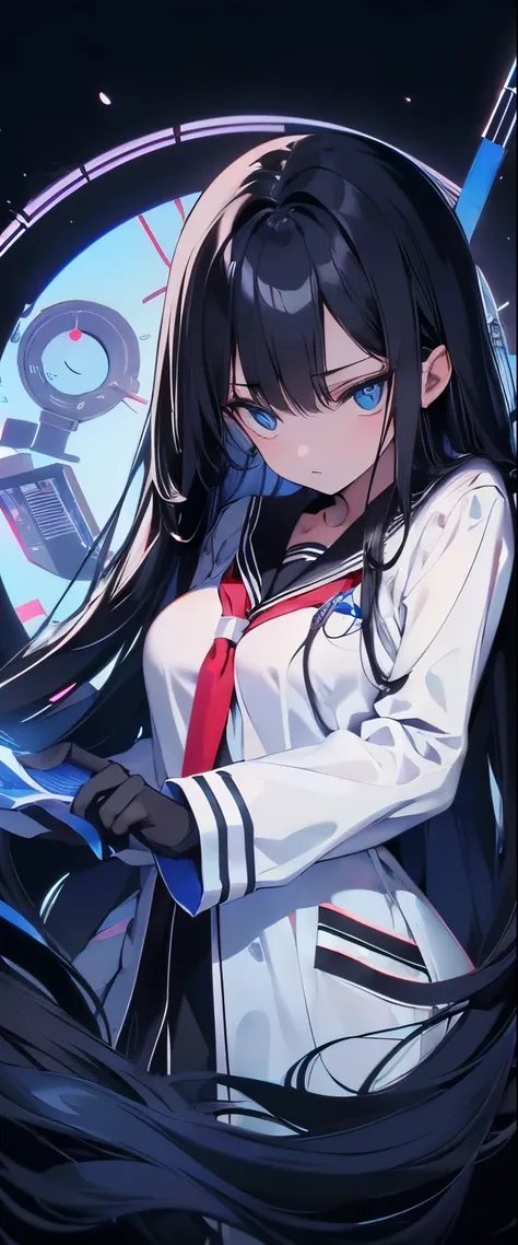 ((high school biology class girl : 1.1)), ((very long black hair : 1.2)), ((small breast : 1.2)), ((wearing medical mask : 1.1)), ((Wearing a white doctor&#39;s gown over a black school uniform: 1.2)), (short height : 1.3), ((deep blue eyes : 1.3)),,(eyes ...