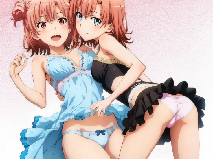 2 girls , Yukinoshita Yukino , yuigahama yui  is nice baste, waltz dance , the dress can be rolled up,White silk panties,pink panties,thighs,knees,