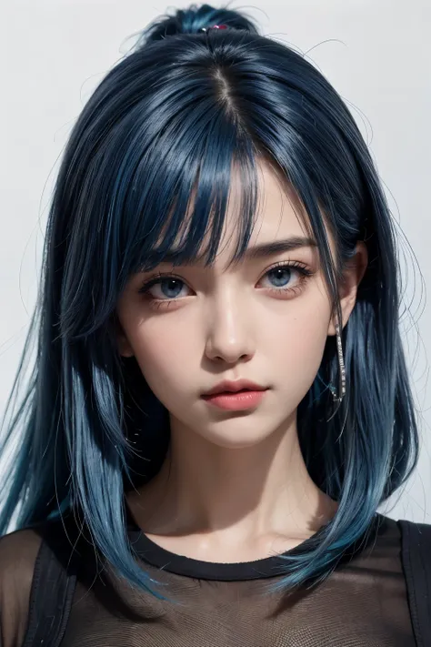 Beautiful girl posing. medium blue hair, hiphop style. hyper detailed. vibrant colors, bland look and style. head shot, facing front