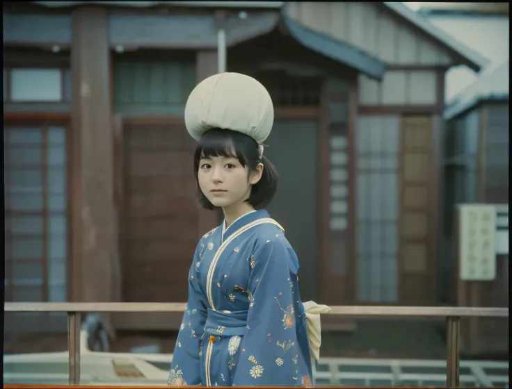 Adult japanese female wearing long-sleeved shirt. She is extremely tiny stature. Her looks like association ball. 1964. Japan, Kashihara. color slide film.