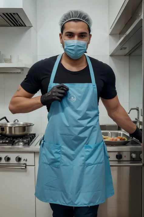 Create the complete image of a chef with the following personal protective equipment:
• Transparent plastic mask: To avoid sending germs into food.
• Cloth caps: Cubre el cabello y evita que caiga en los alimentos.
• Anti-slip shoes: Tipo Crocs o Zuecos. 
...