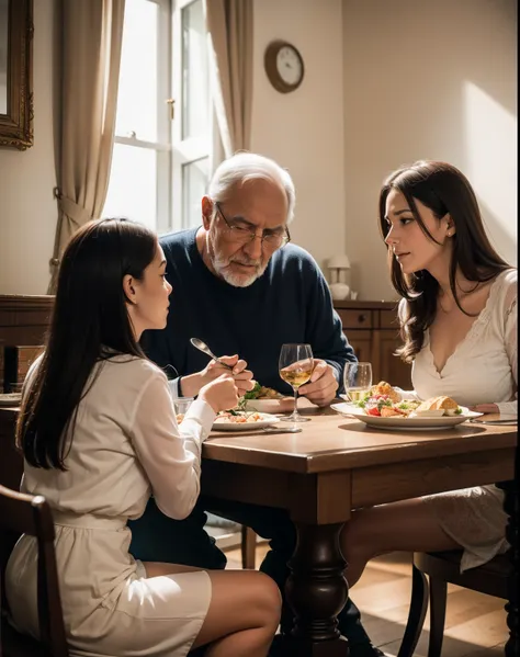 during a family meal in an old country house, a family eats at the table in a family atmosphere. there are 2 parents in their th...