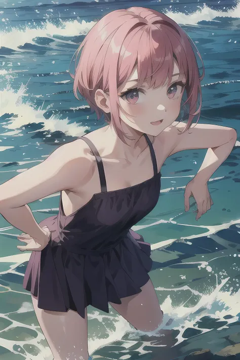 woman with short pink hair , Bold poses , sea