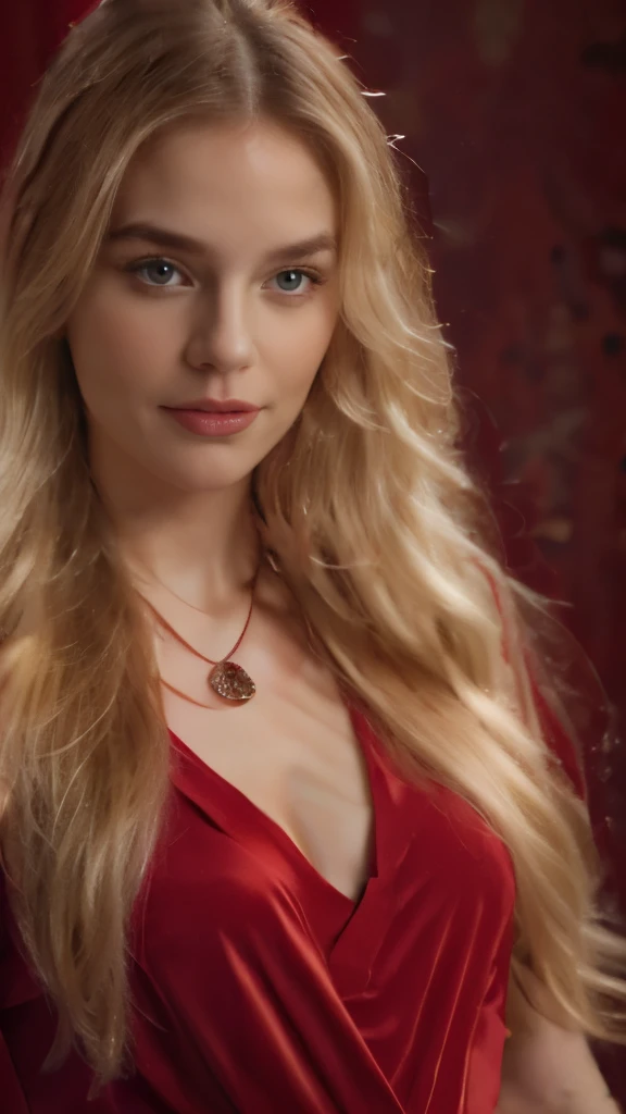 blonde with long hair with a red necklace and a red dress