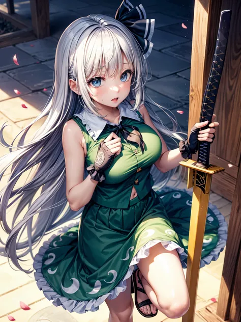 konpaku youmu, konpaku youmu, touhou project, touhou project, touhou project, whole body, Top view, focus on eyes, with sword, sweatdrop, girl, teenage girl, messy white long hair, messy hair, Air bangs, Grey hair, hair fluttering in the wind, absurdly lon...