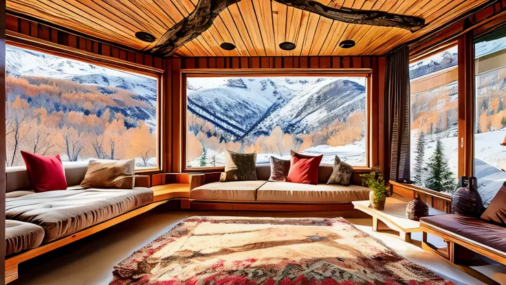 inside a cave-like room、winter、views of snowy mountains can be seen from the large windows.、fantastic scenery、it&#39;s snowing o...