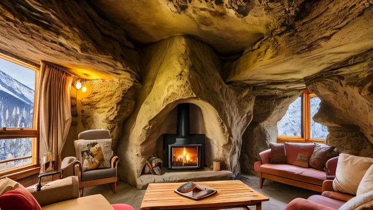 inside a cave-like room、winter、views of snowy mountains can be seen from the large windows.、fantastic scenery、it&#39;s snowing o...