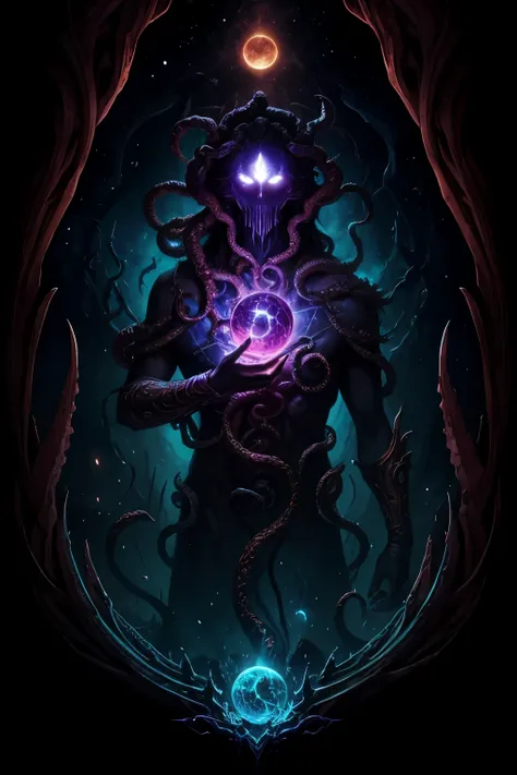 cosmic god inspired by lovecraft&#39;s cosmic horror, non-human features, hand of fate that controls the puppet lines, outer space, melhor qualidade, azathoth, six eyes in the head, tentaculos saindo das costas