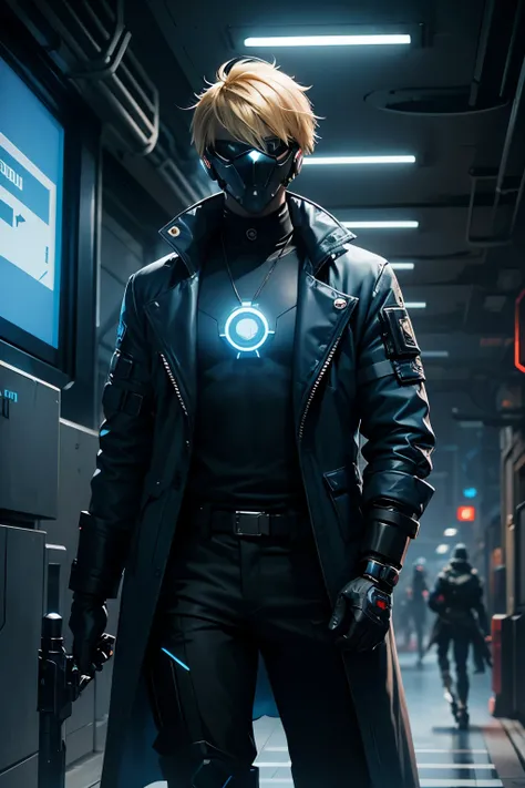 futuristic, male, cyclops helmet with one blue light, mercenary. wearing loose coat, shirt, trousers. cyberpunk. blonde hair showing