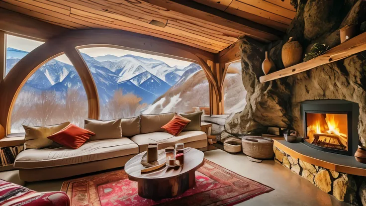 inside a cave-like room、winter、views of snowy mountains can be seen from the large windows.、fantastic scenery、it&#39;s snowing o...