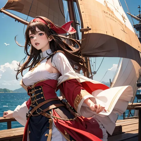 ((medieval world)), (nobles daughter who became a pirate, medieval European aristocratic dress, breasts), on the deck of a medieval large galleon that was made of woods during the Age of Discovery in the Middle Ages, windy, few sailors, a lot of cargo,