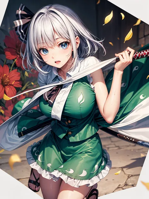 konpaku youmu, konpaku youmu, touhou project, touhou project, touhou project, whole body, Top view, zoom in on eyes, with sword, drenched, girl, teenage girl, black short hair, messy hair, Air bangs, Grey hair, hair fluttering in the wind, absurdly long ha...