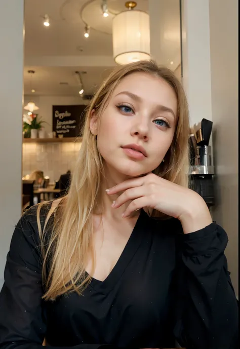 blonde with blue eyes and a black top sits at the table, hand on her chin, young woman about 20, with professional makeup, sitting in a cafe, perfectly lit face, Portrait of Sophie Mudd, hand on cheek, hands on face, looking away from the camera, beautiful...