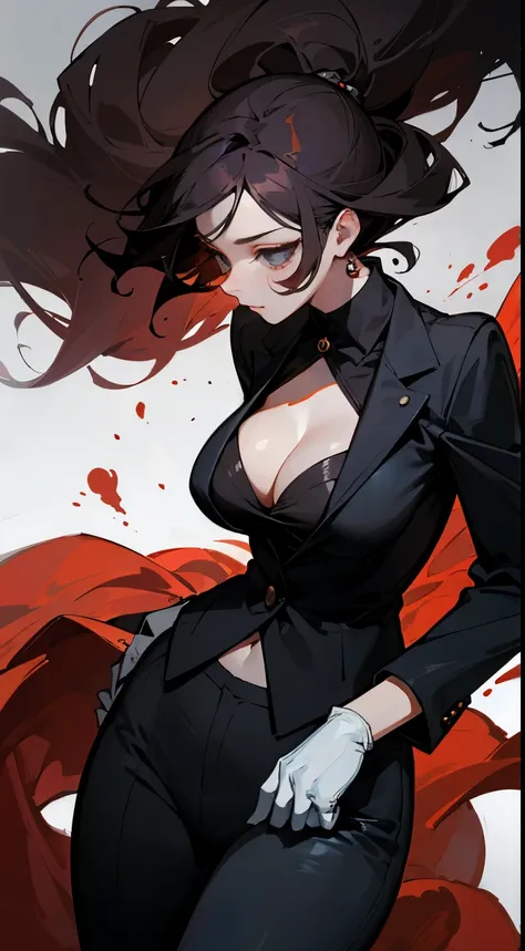 一个woman角色，woman，elder sister，solid color background，role conception，Conceptual role，business suit，Pants，Left hand wearing red glove，fighting，long black curly hair，heroic，Chic and handsome，Royal sister，Close-up cleavage，Splashing blood