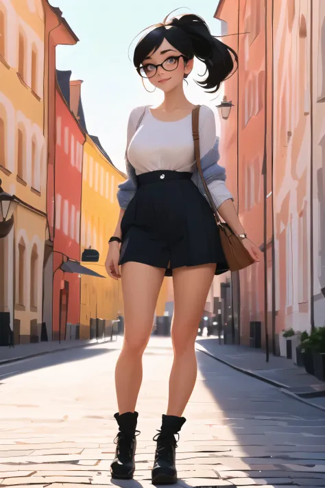 ((Wide angle shot, full body shot)) beautiful female tourist, Black hair tied into a ponytail, smooth, wearing large glasses, smile at the corner of the mouth, ((Dressing in a minimalist style)) morning light, Neuschwanstein Castle, Germany