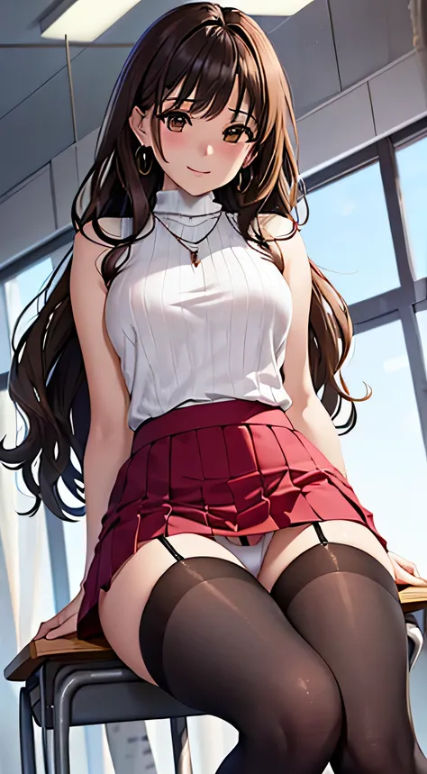 (table top, highest quality, High resolution, , perfect pixel, 4k,), 1 girl, single, alone, Beautiful woman、I could see the whole body、 ((long wavy hair, bangs, brown hair)), ((brown eyes, beautiful eyelashes, realistic eyes)), ((detailed face, blush:1.2))...