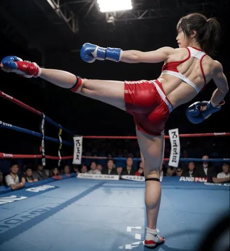 There&#39;s a woman kicking in the ring, high kick, Kickboxing, world championship Fight, Heroic Muay Thai Stance Pose, jump kick, matoko shinkai, Fight pose, Fight, beginner, sparring, Fighting, Fighters, Fighting posture, doing a kick, maya takamura, box...