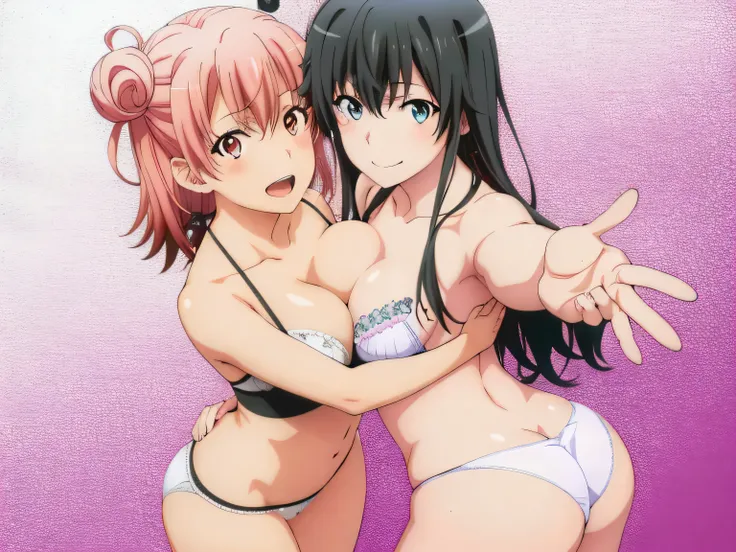 2 girls , Yukinoshita Yukino , Yuigahama Yui&#39;s bust is amazing, beautiful pussy and nice ass,In underwear,waltz dance,belly button,,pink silk panties,white silk panties,thighs,knees,calf,high angle,beautiful eyes,open mouth smile,look at the camera